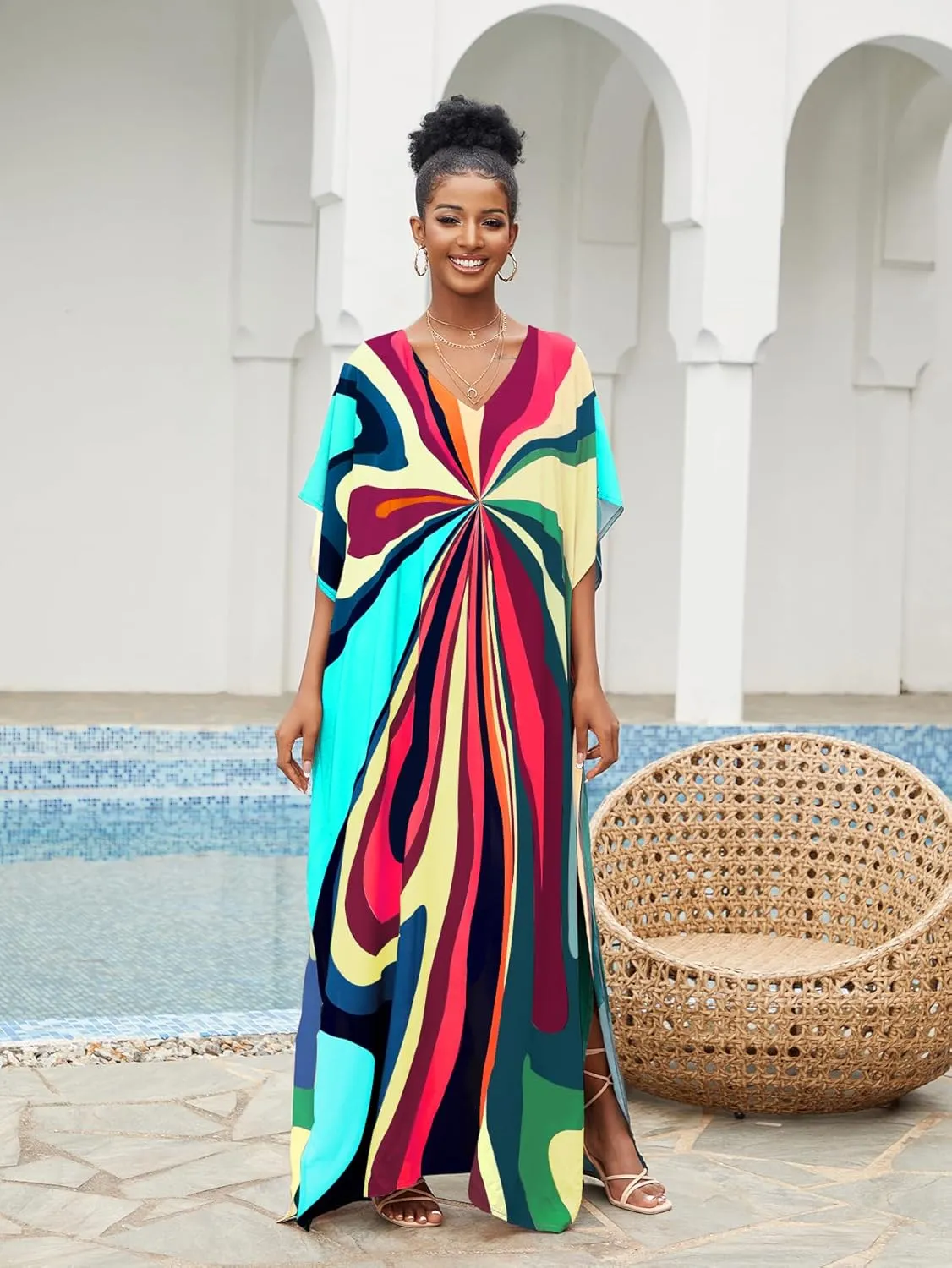 Irregularly Print Women's Kaftan Dresses V-Neck Beach Swimwear Cover Up Caftans Boho Rainbow Stripe Caftan