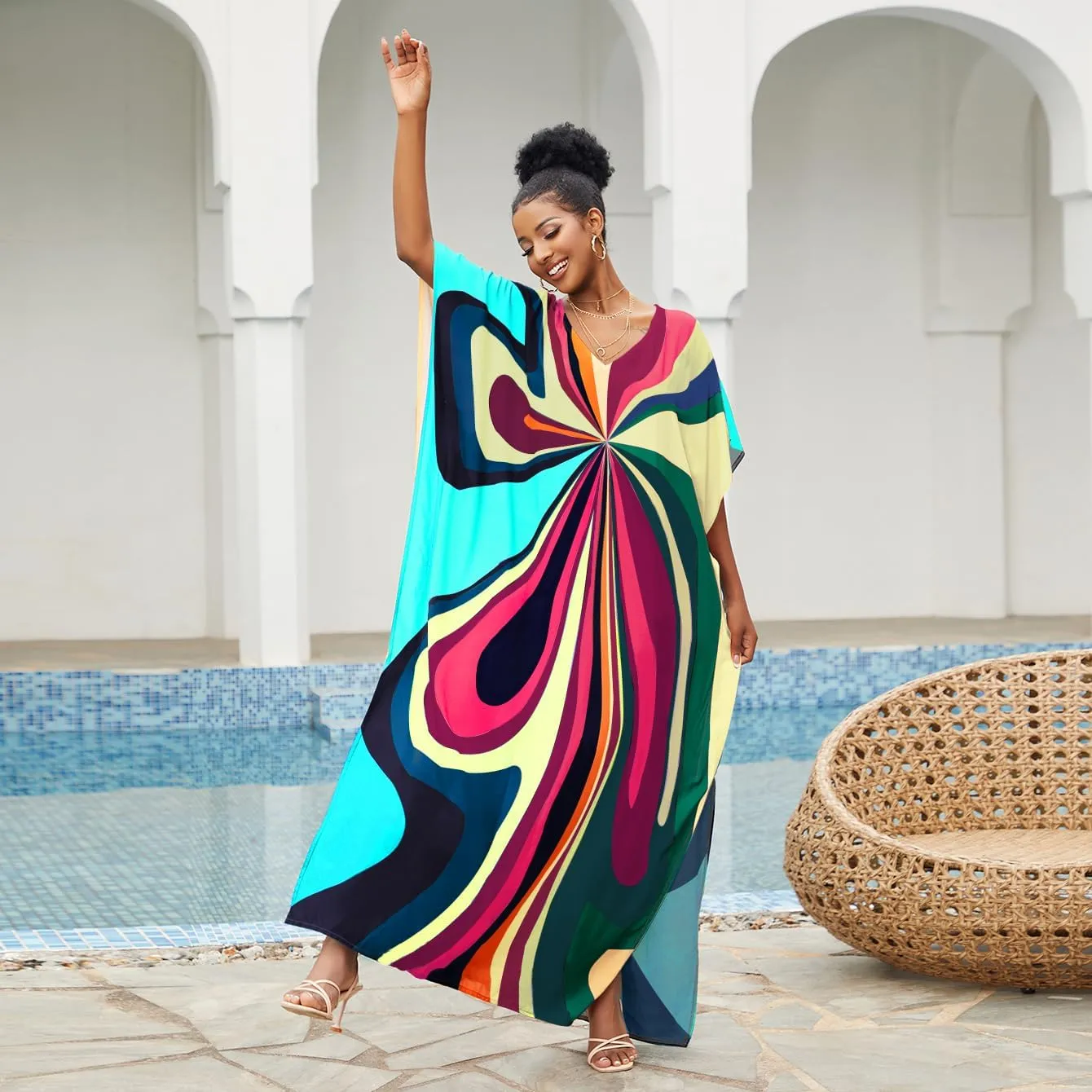 Irregularly Print Women's Kaftan Dresses V-Neck Beach Swimwear Cover Up Caftans Boho Rainbow Stripe Caftan