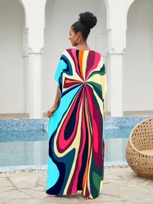 Irregularly Print Women's Kaftan Dresses V-Neck Beach Swimwear Cover Up Caftans Boho Rainbow Stripe Caftan