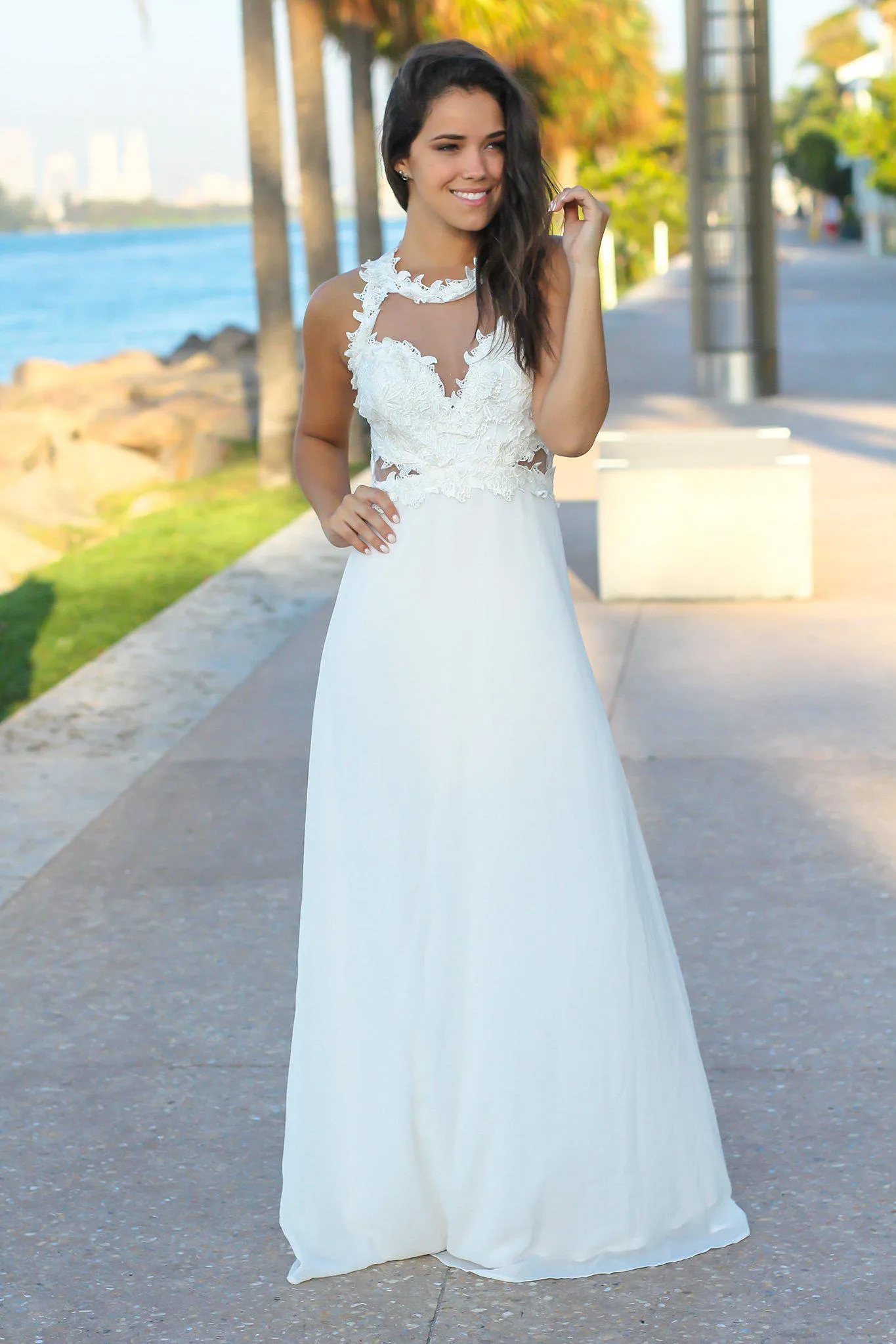 Ivory Lace Top Halter Neck Maxi Dress