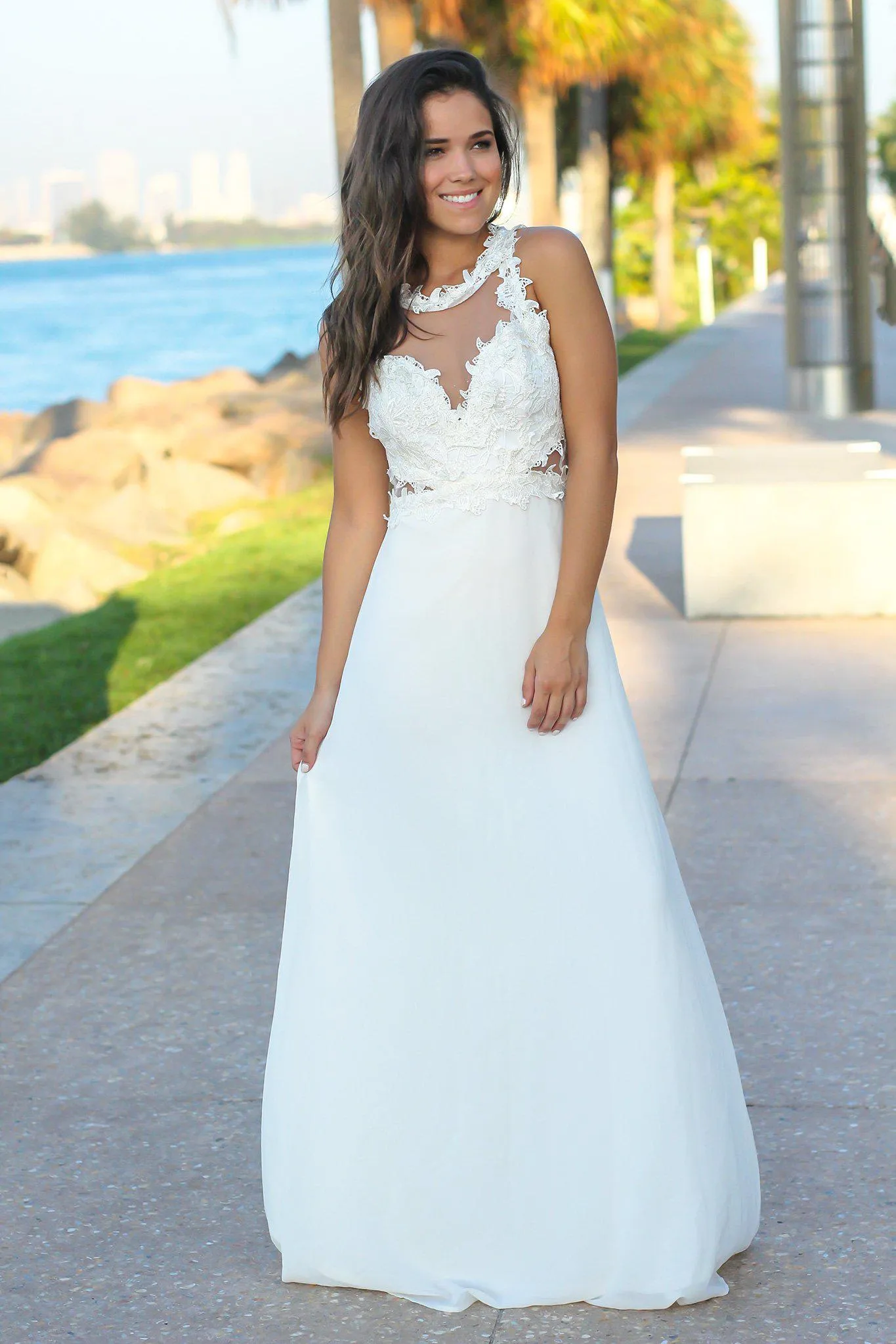 Ivory Lace Top Halter Neck Maxi Dress