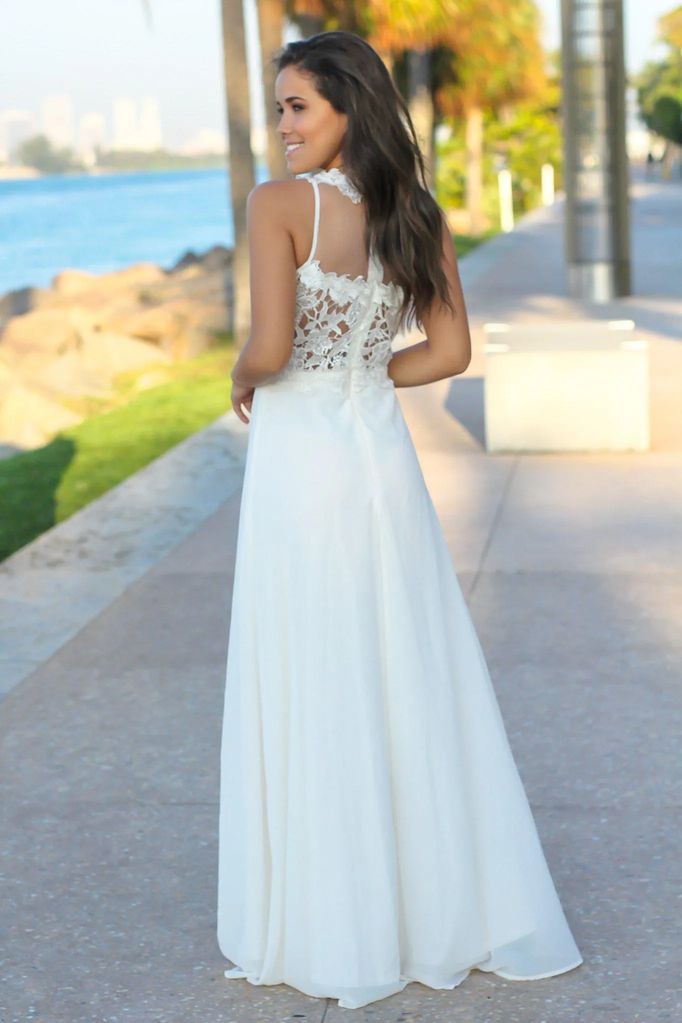 Ivory Lace Top Halter Neck Maxi Dress