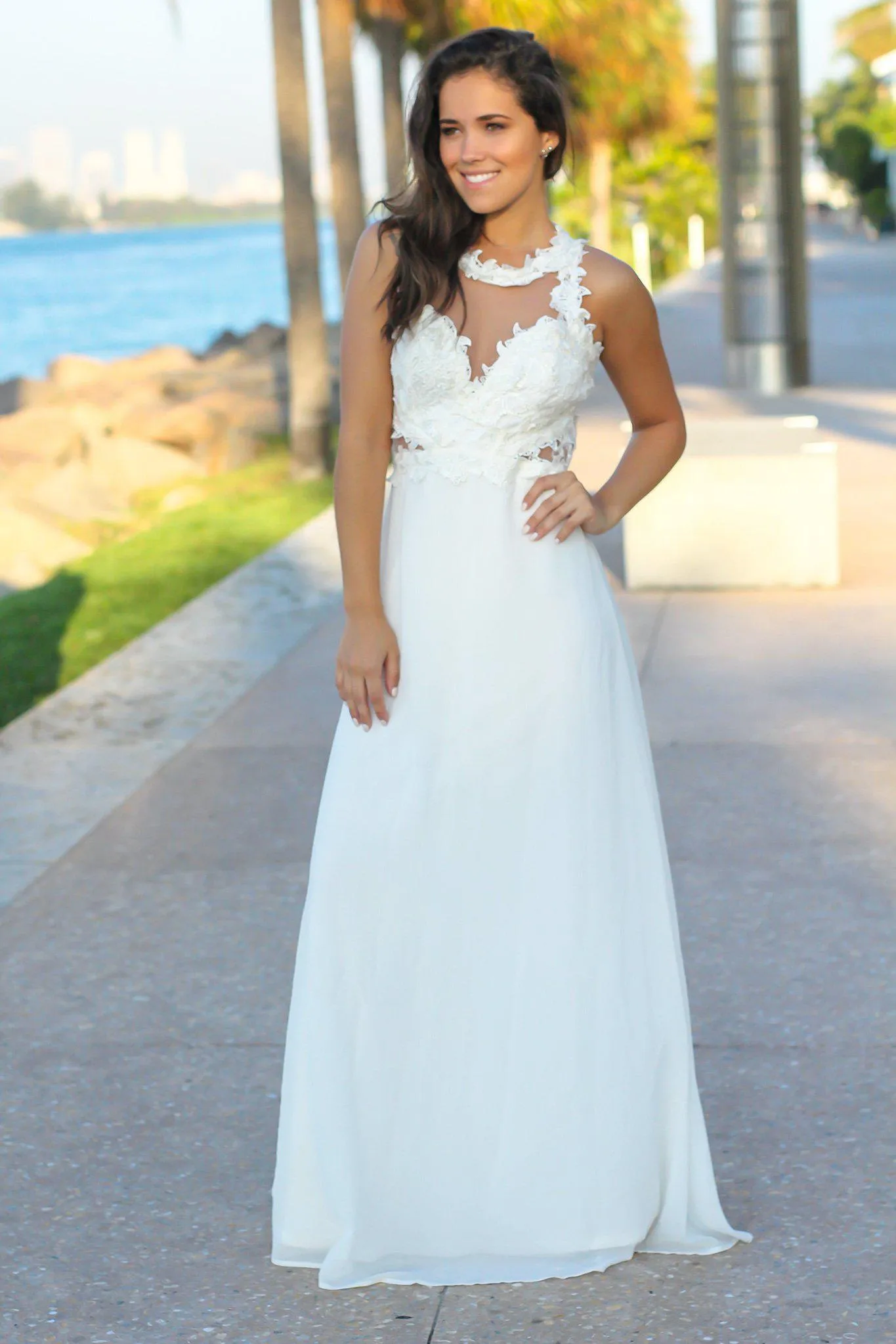 Ivory Lace Top Halter Neck Maxi Dress