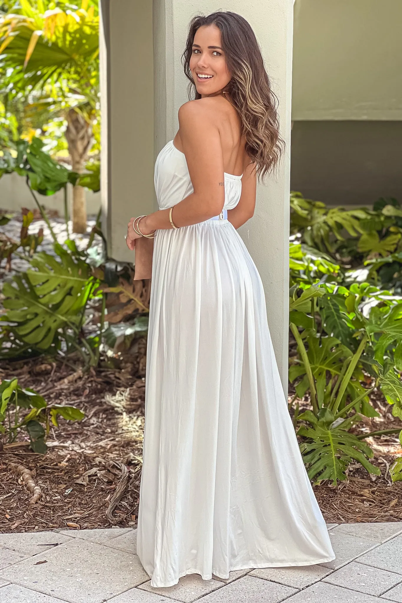 Ivory Strapless Maxi Dress With Chain Belt