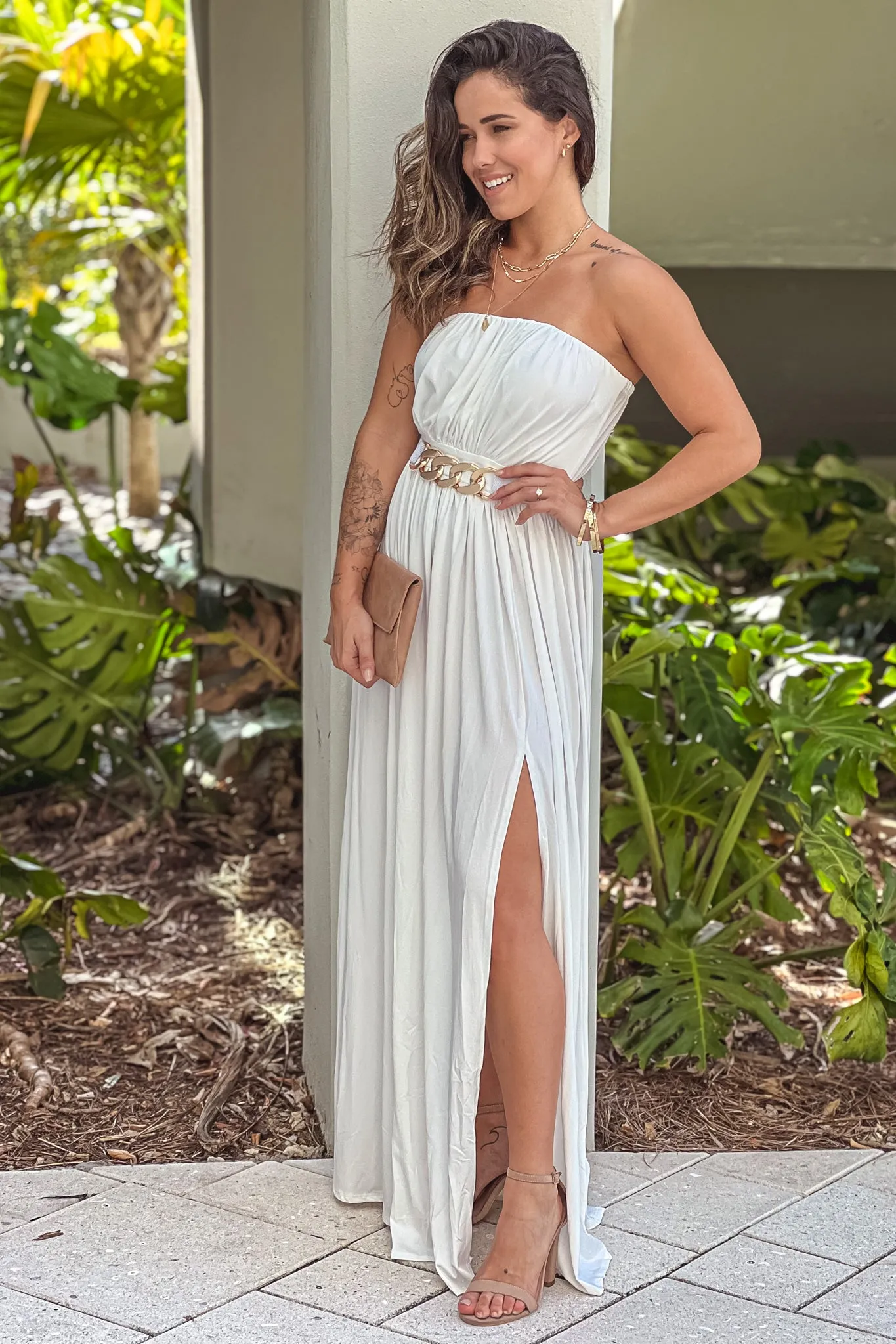 Ivory Strapless Maxi Dress With Chain Belt