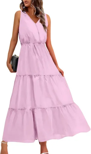 JJHAEVDY Womens Dresses V Neck High Waist Sundresses Floral Print Tiered Dresses Sleeveless Long Sundresses Summer Boho Dress