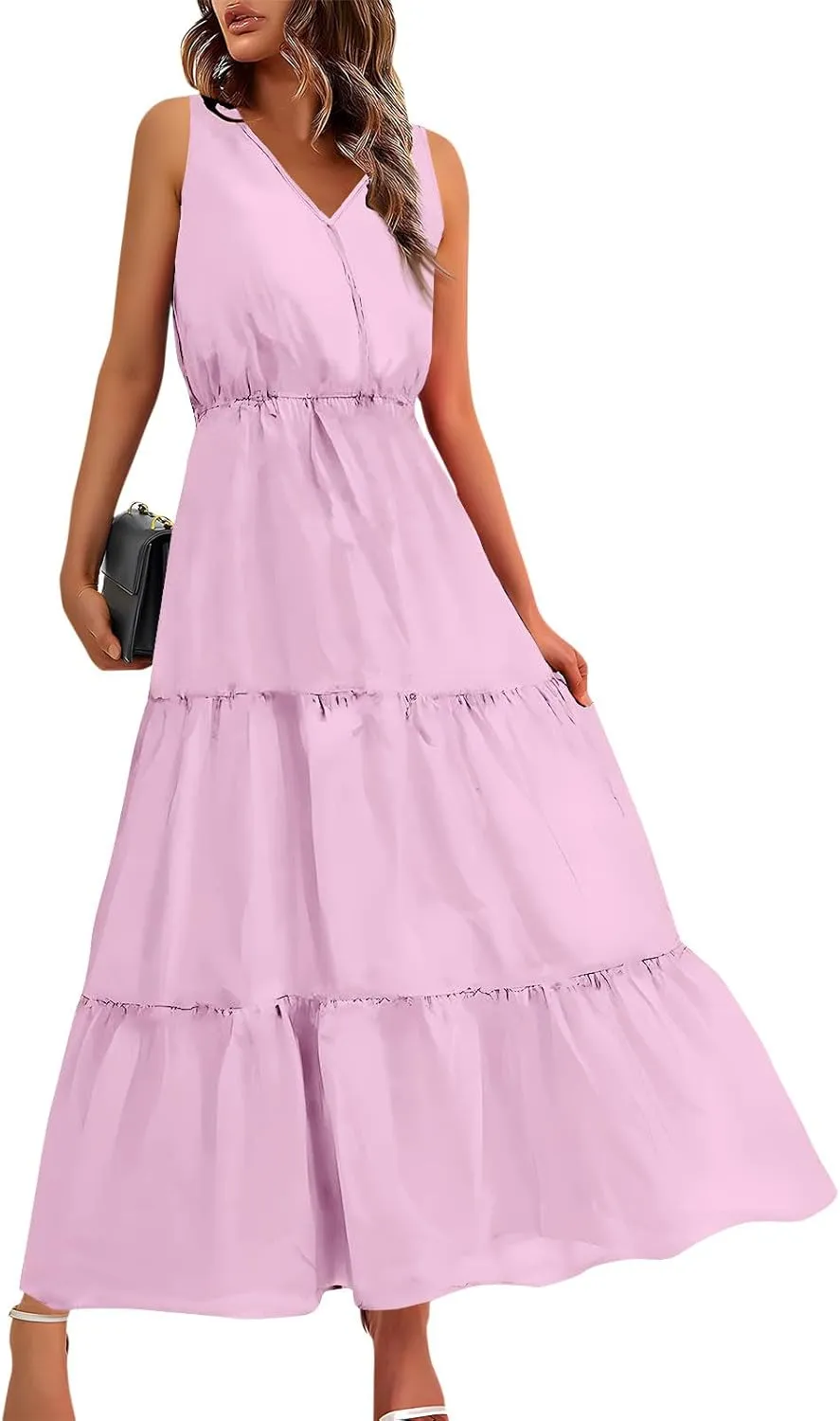 JJHAEVDY Womens Dresses V Neck High Waist Sundresses Floral Print Tiered Dresses Sleeveless Long Sundresses Summer Boho Dress