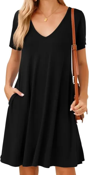 JollieLovin Women T Shirt Plus Size Summer Swing Dresses Short Sleeve V Neck Loose Casual Dress(L-5X)