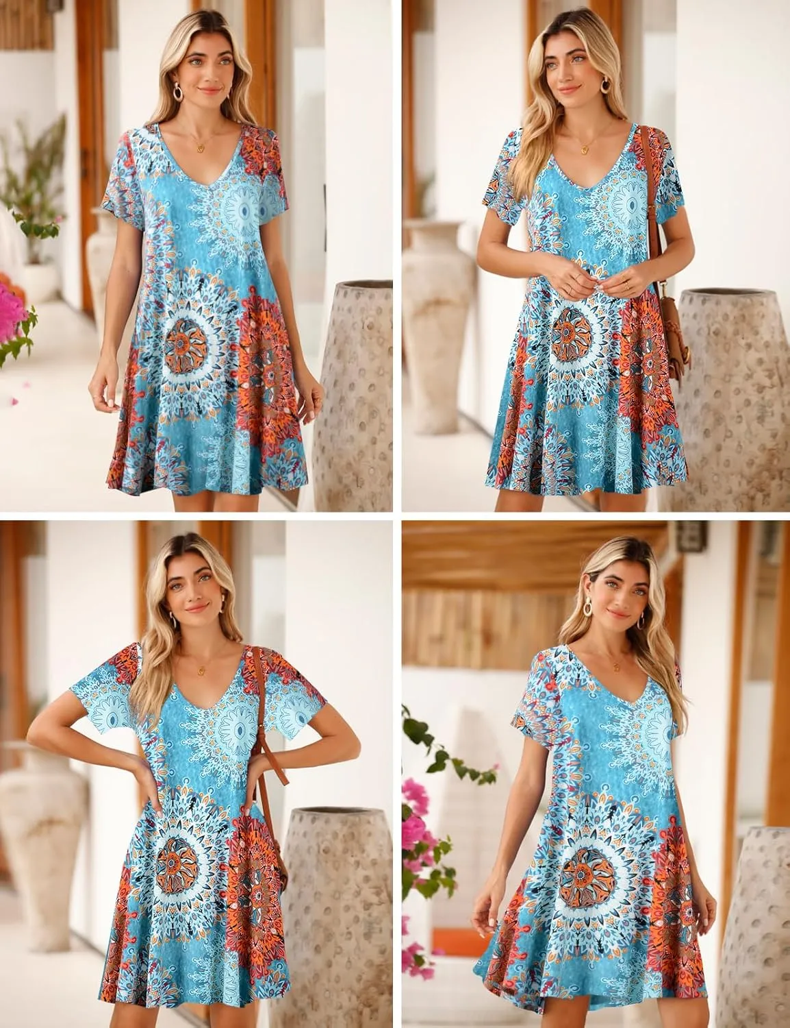 JollieLovin Women T Shirt Plus Size Summer Swing Dresses Short Sleeve V Neck Loose Casual Dress(L-5X)