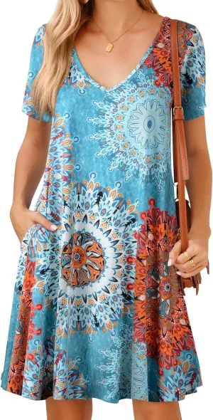 JollieLovin Women T Shirt Plus Size Summer Swing Dresses Short Sleeve V Neck Loose Casual Dress(L-5X)