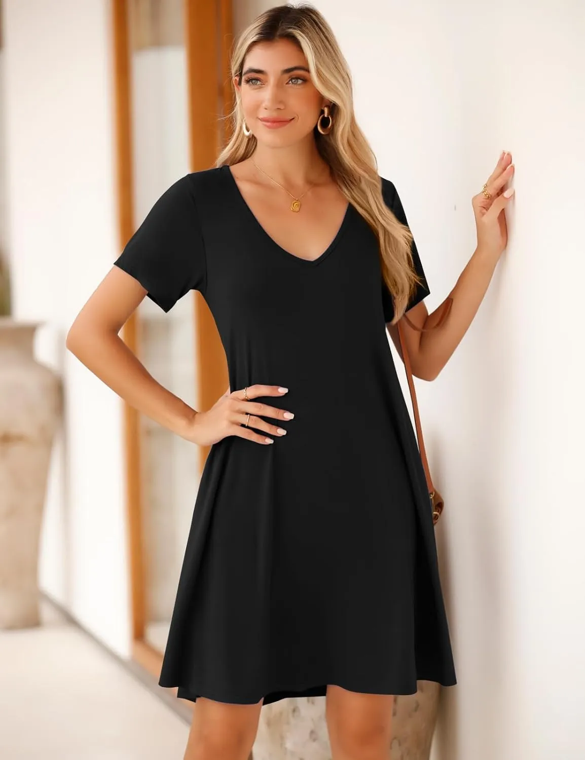 JollieLovin Women T Shirt Plus Size Summer Swing Dresses Short Sleeve V Neck Loose Casual Dress(L-5X)