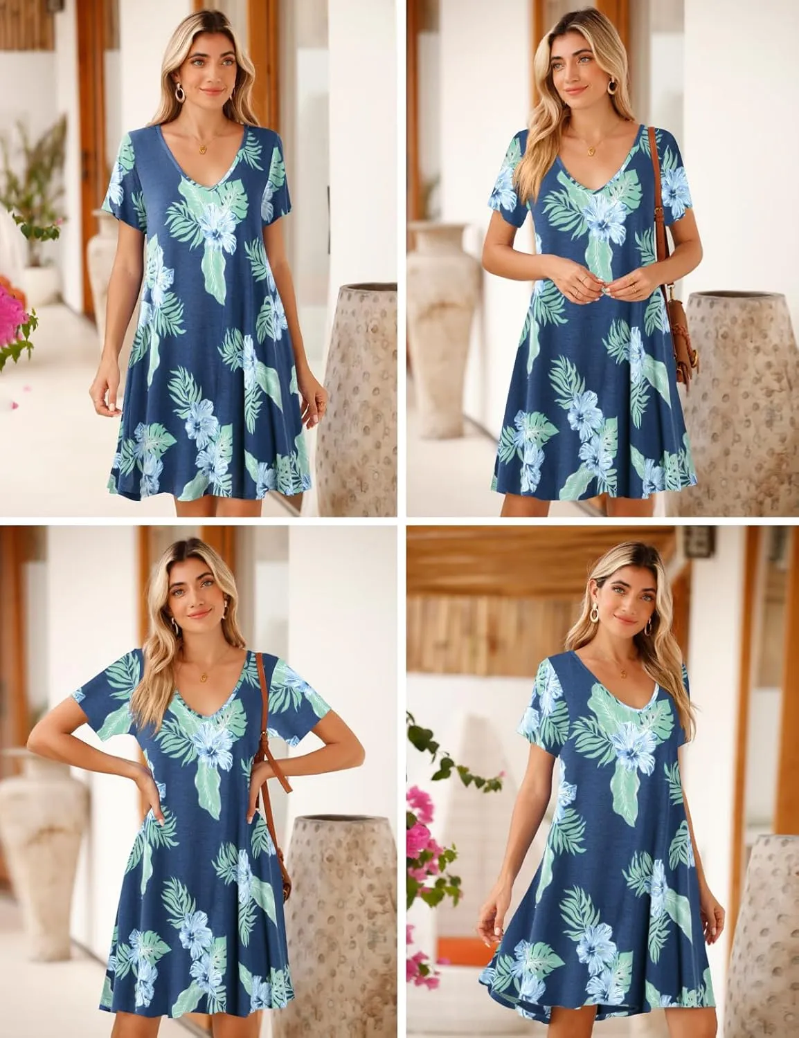 JollieLovin Women T Shirt Plus Size Summer Swing Dresses Short Sleeve V Neck Loose Casual Dress(L-5X)