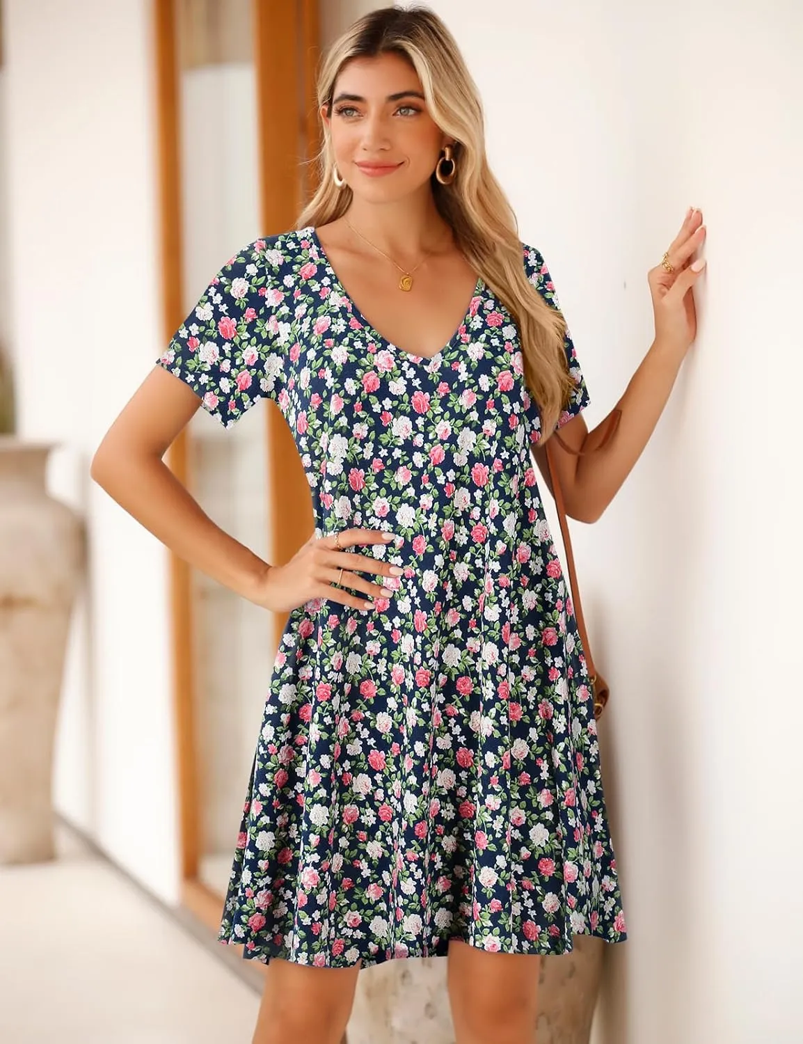 JollieLovin Women T Shirt Plus Size Summer Swing Dresses Short Sleeve V Neck Loose Casual Dress(L-5X)