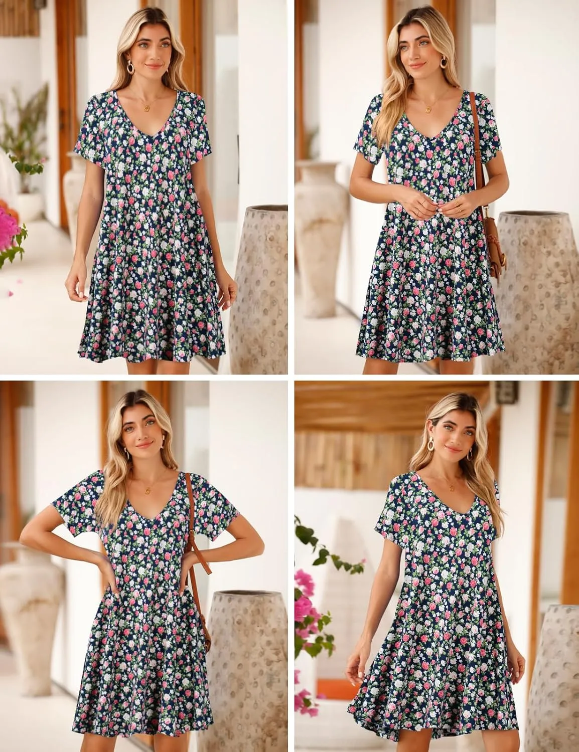 JollieLovin Women T Shirt Plus Size Summer Swing Dresses Short Sleeve V Neck Loose Casual Dress(L-5X)
