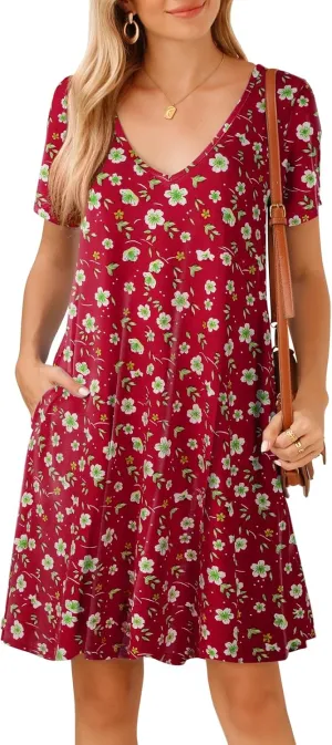 JollieLovin Women T Shirt Plus Size Summer Swing Dresses Short Sleeve V Neck Loose Casual Dress(L-5X)