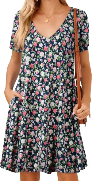 JollieLovin Women T Shirt Plus Size Summer Swing Dresses Short Sleeve V Neck Loose Casual Dress(L-5X)