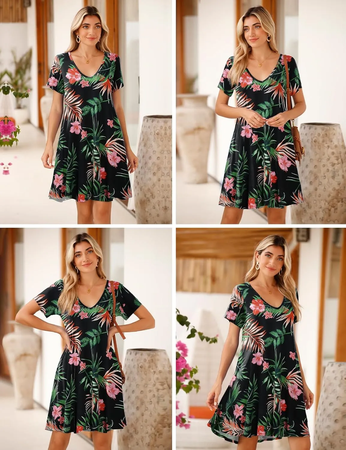 JollieLovin Women T Shirt Plus Size Summer Swing Dresses Short Sleeve V Neck Loose Casual Dress(L-5X)