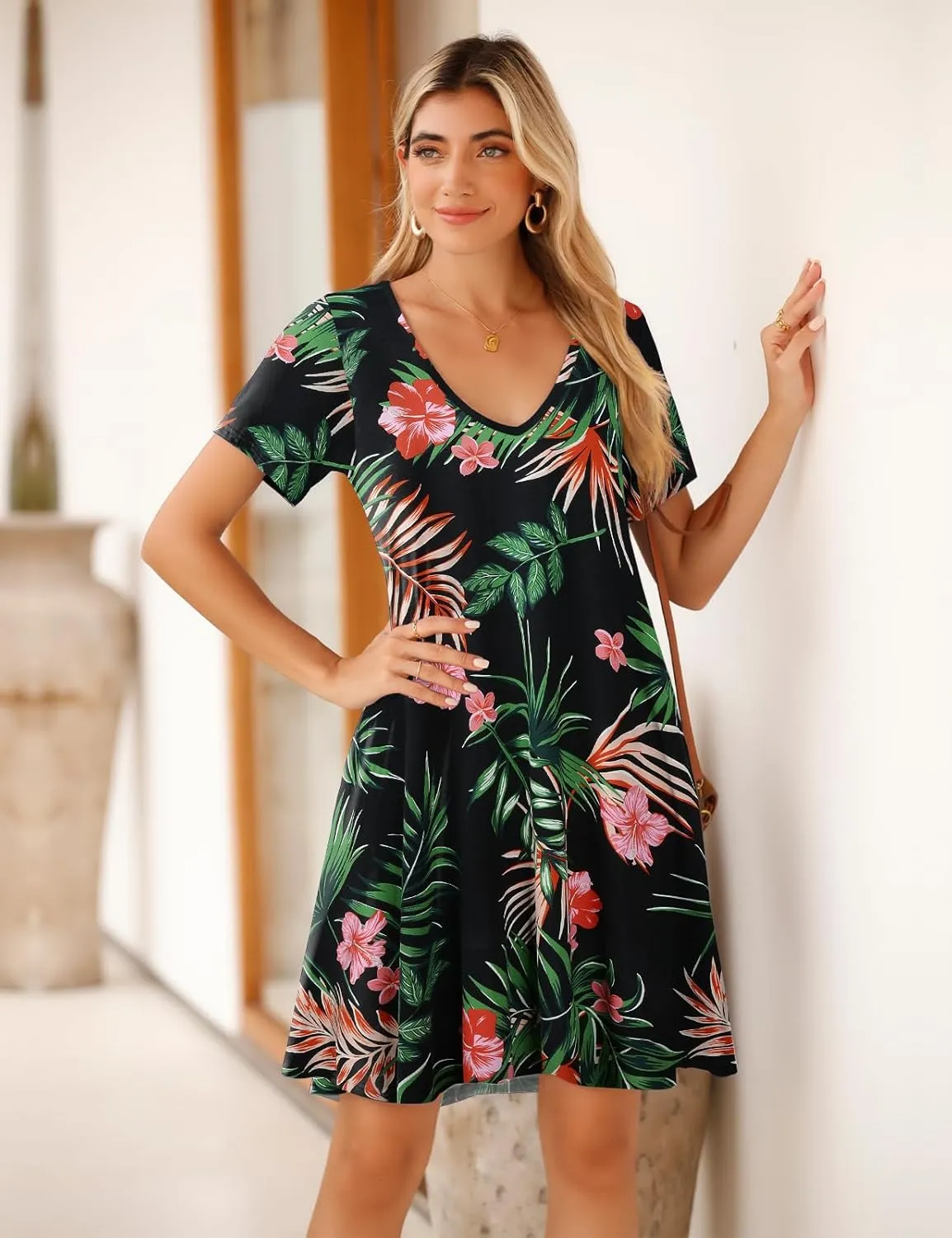 JollieLovin Women T Shirt Plus Size Summer Swing Dresses Short Sleeve V Neck Loose Casual Dress(L-5X)