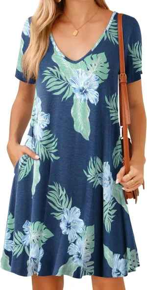 JollieLovin Women T Shirt Plus Size Summer Swing Dresses Short Sleeve V Neck Loose Casual Dress(L-5X)