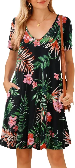 JollieLovin Women T Shirt Plus Size Summer Swing Dresses Short Sleeve V Neck Loose Casual Dress(L-5X)