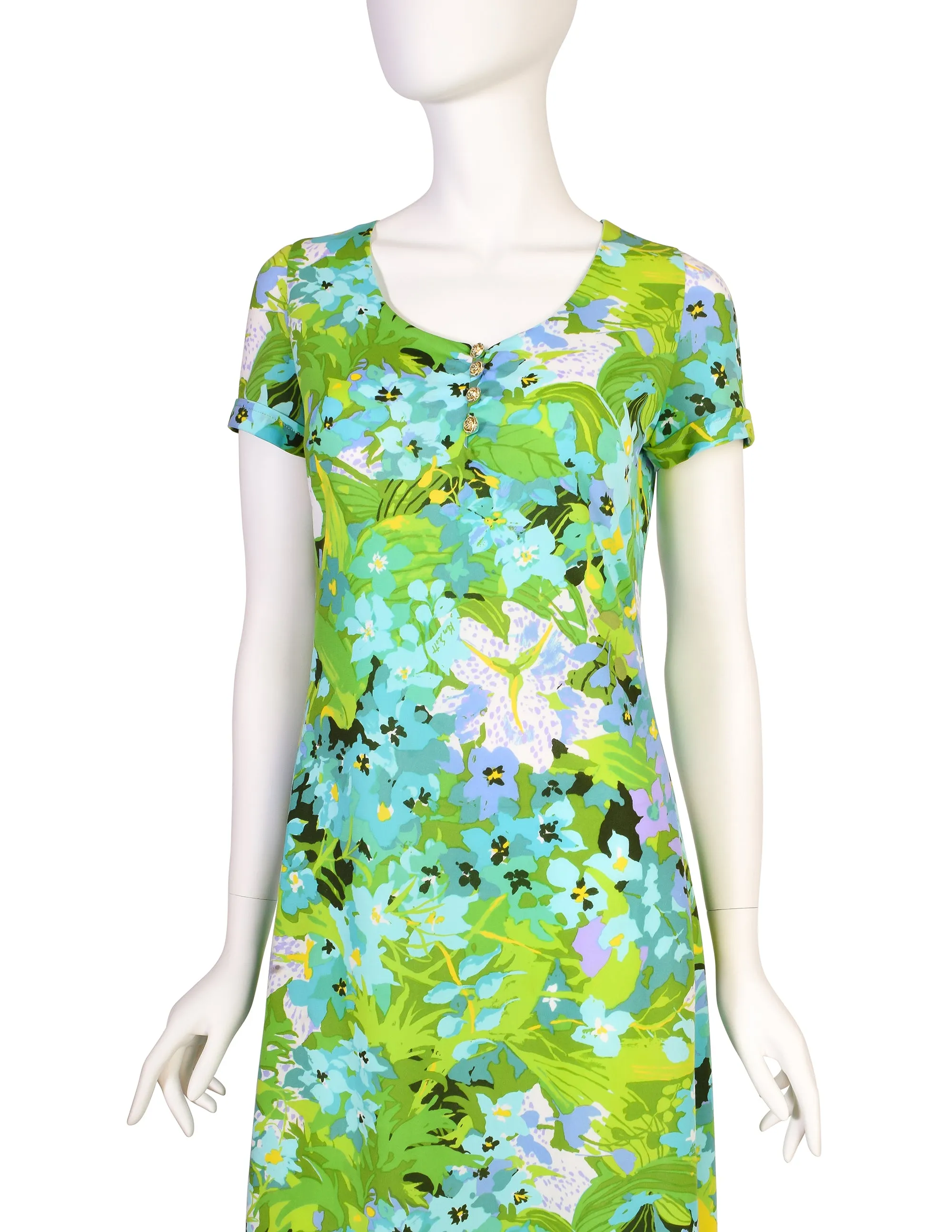 Ken Scott Vintage 1970s Vibrant Green Floral Print Mini Dress