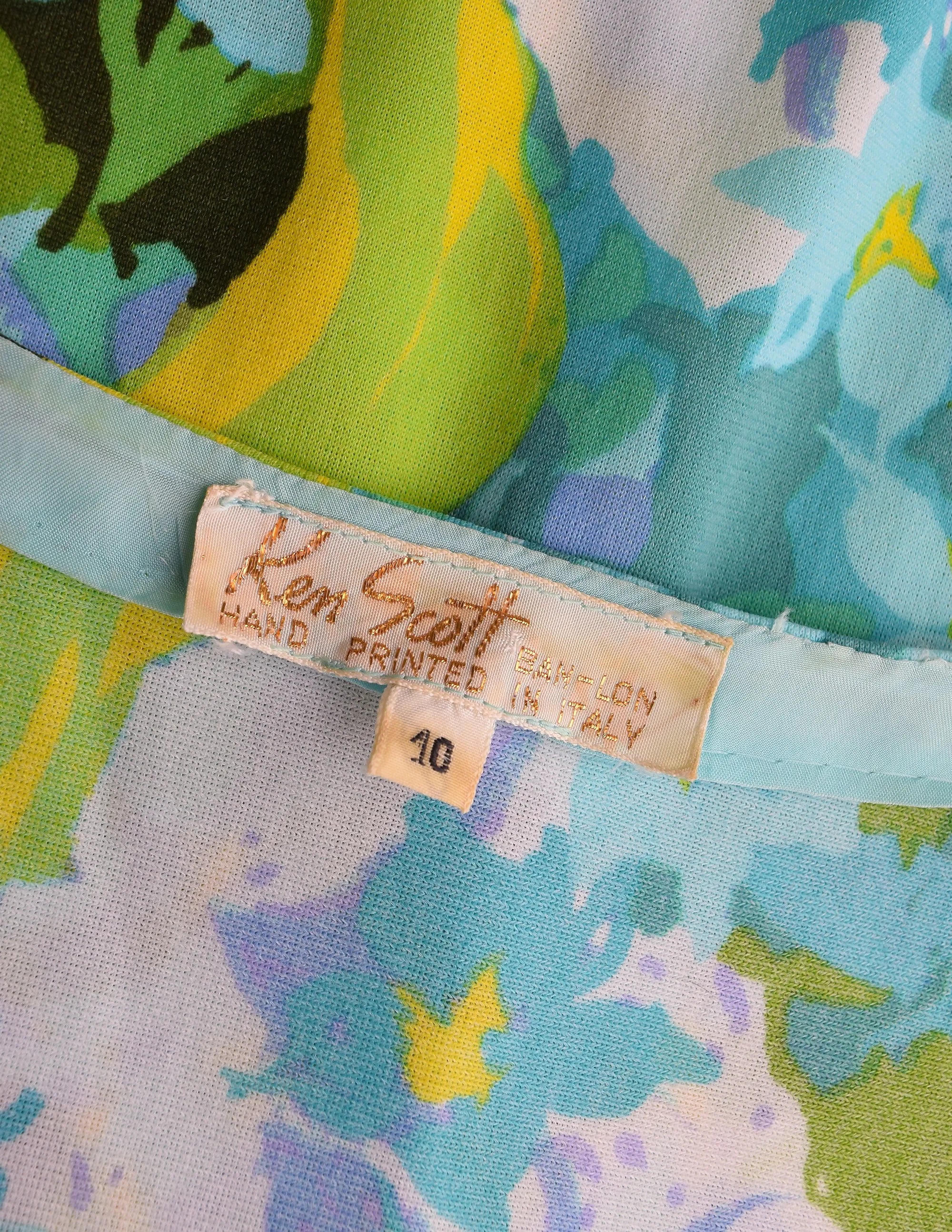 Ken Scott Vintage 1970s Vibrant Green Floral Print Mini Dress