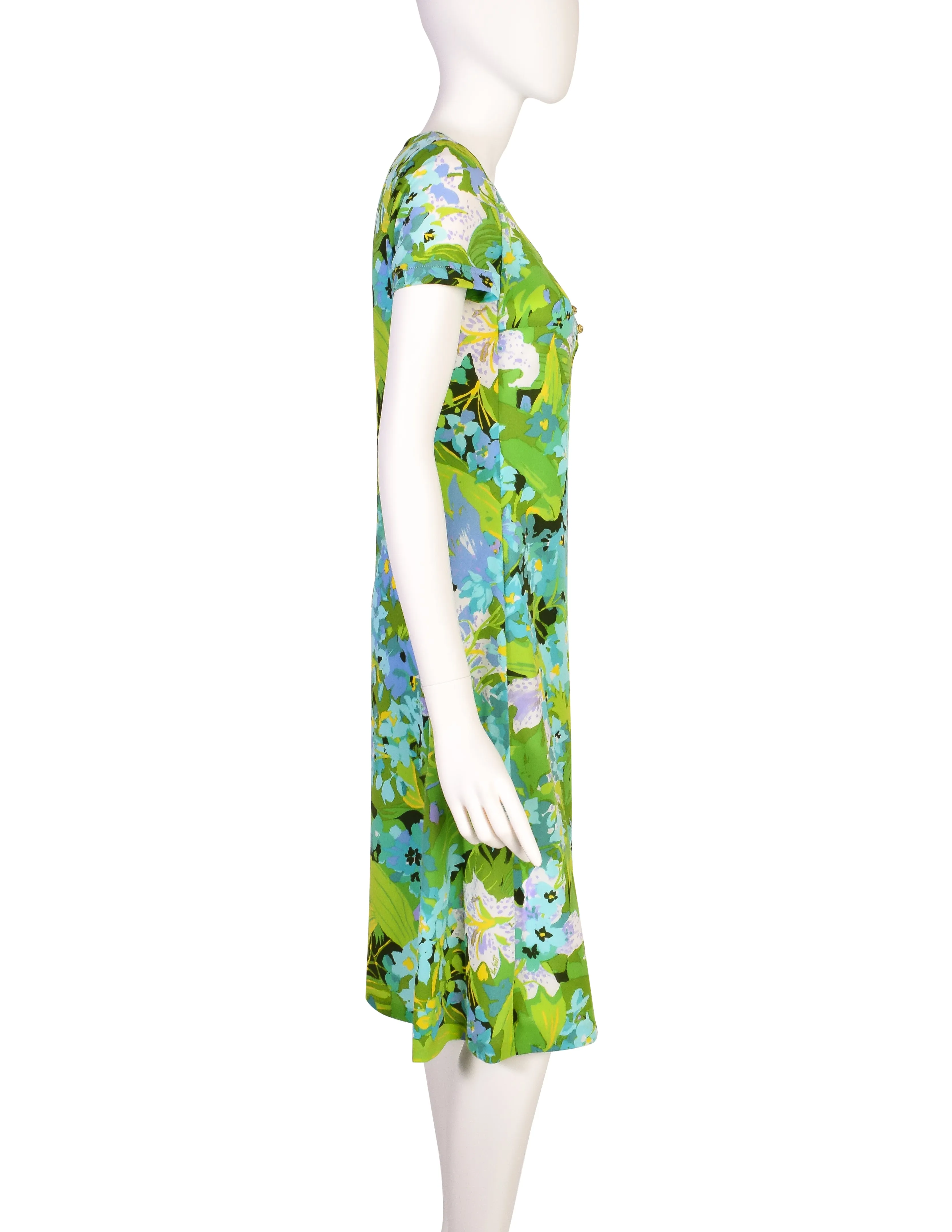 Ken Scott Vintage 1970s Vibrant Green Floral Print Mini Dress