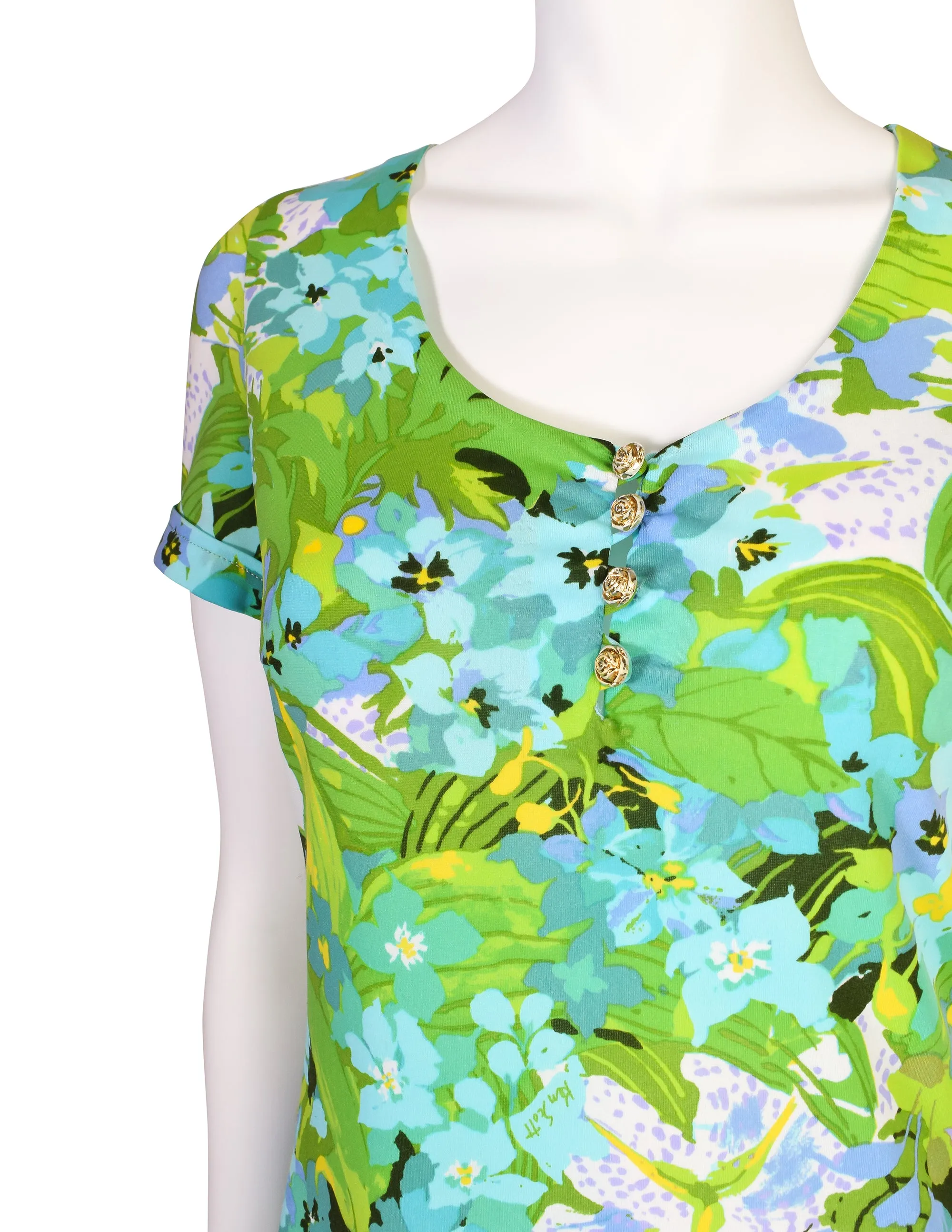 Ken Scott Vintage 1970s Vibrant Green Floral Print Mini Dress