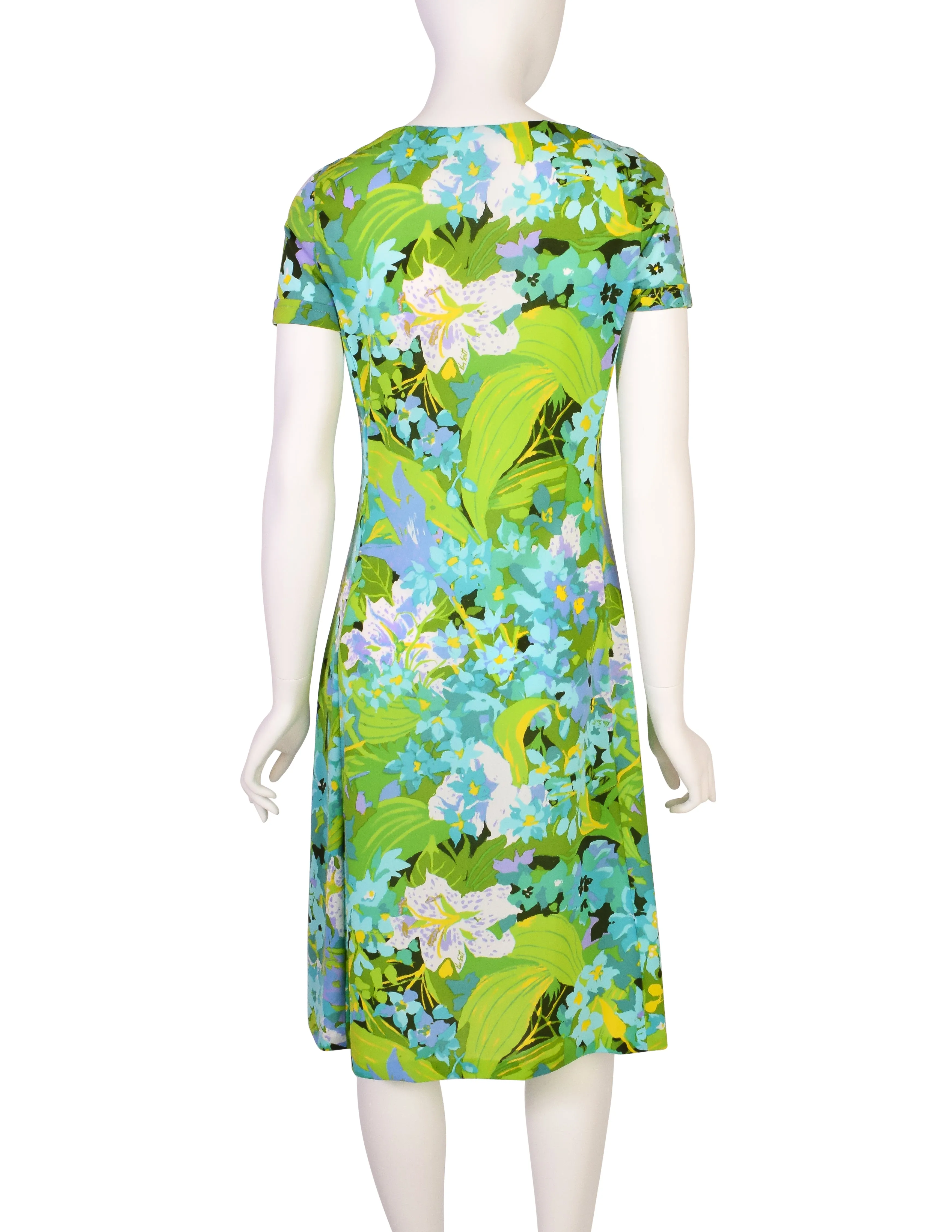 Ken Scott Vintage 1970s Vibrant Green Floral Print Mini Dress