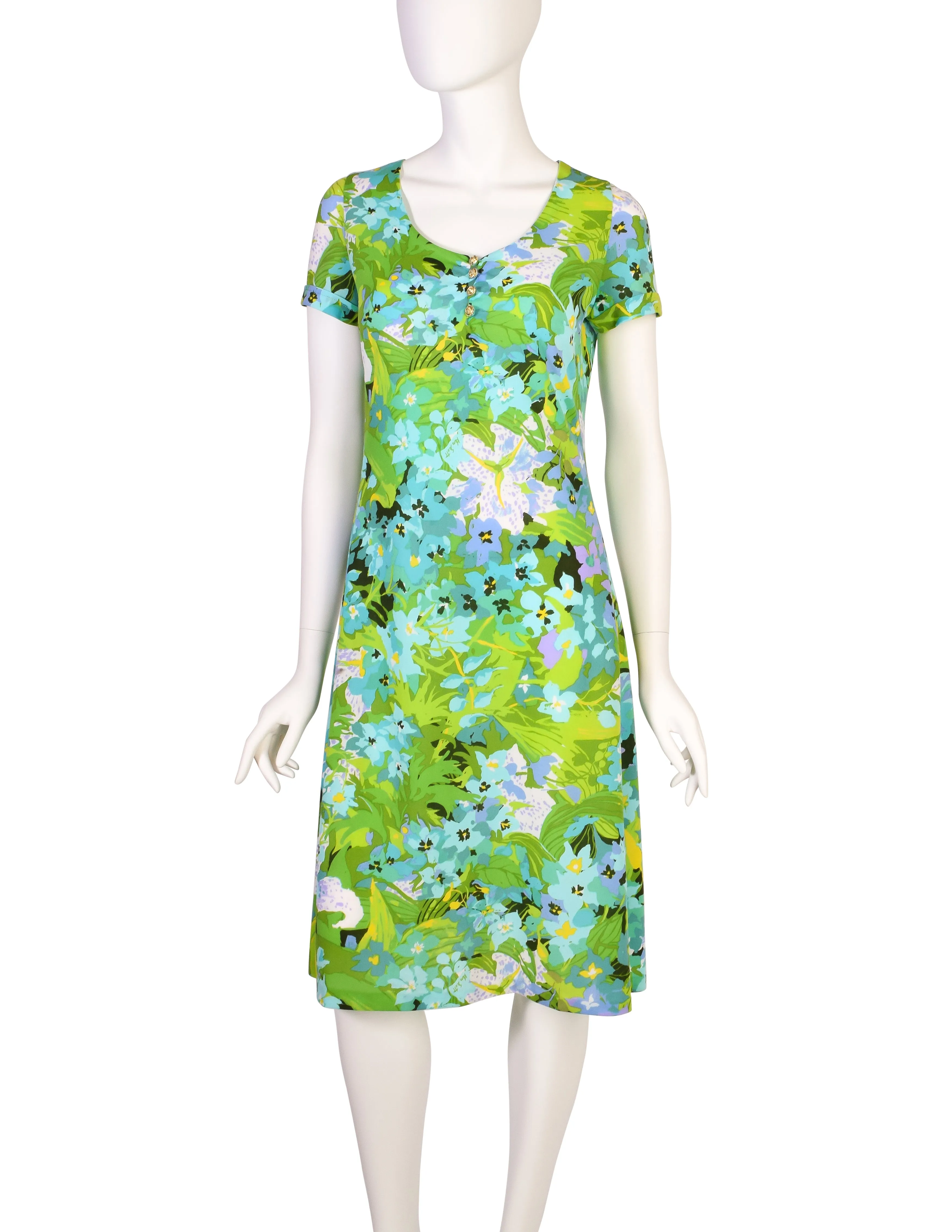 Ken Scott Vintage 1970s Vibrant Green Floral Print Mini Dress