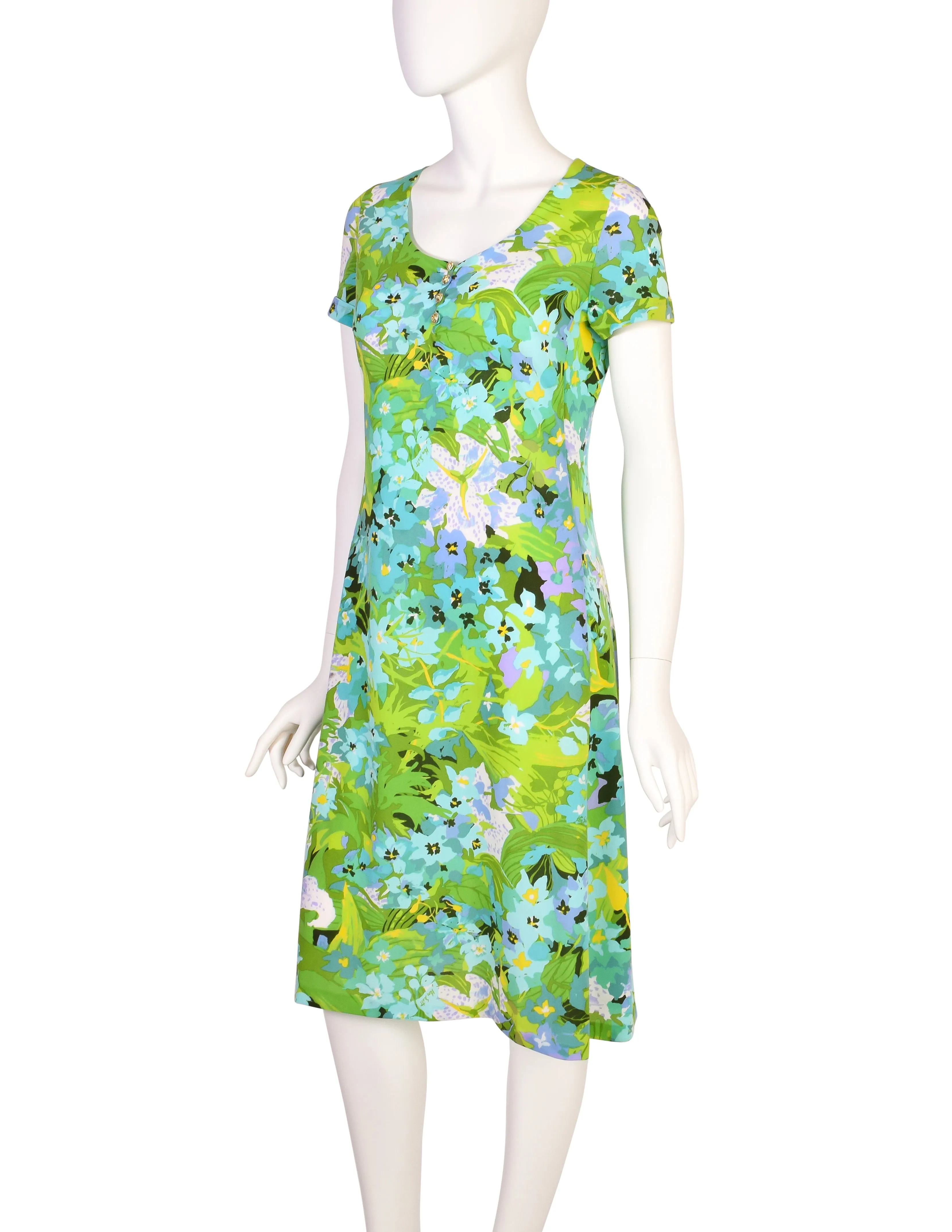 Ken Scott Vintage 1970s Vibrant Green Floral Print Mini Dress