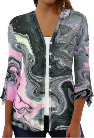 Kimonos for Women Lightweight Loose Beach Cover Ups 3/4 Puff Sleeve Boho Floral Print Shirt Resort Wear Summer Tops