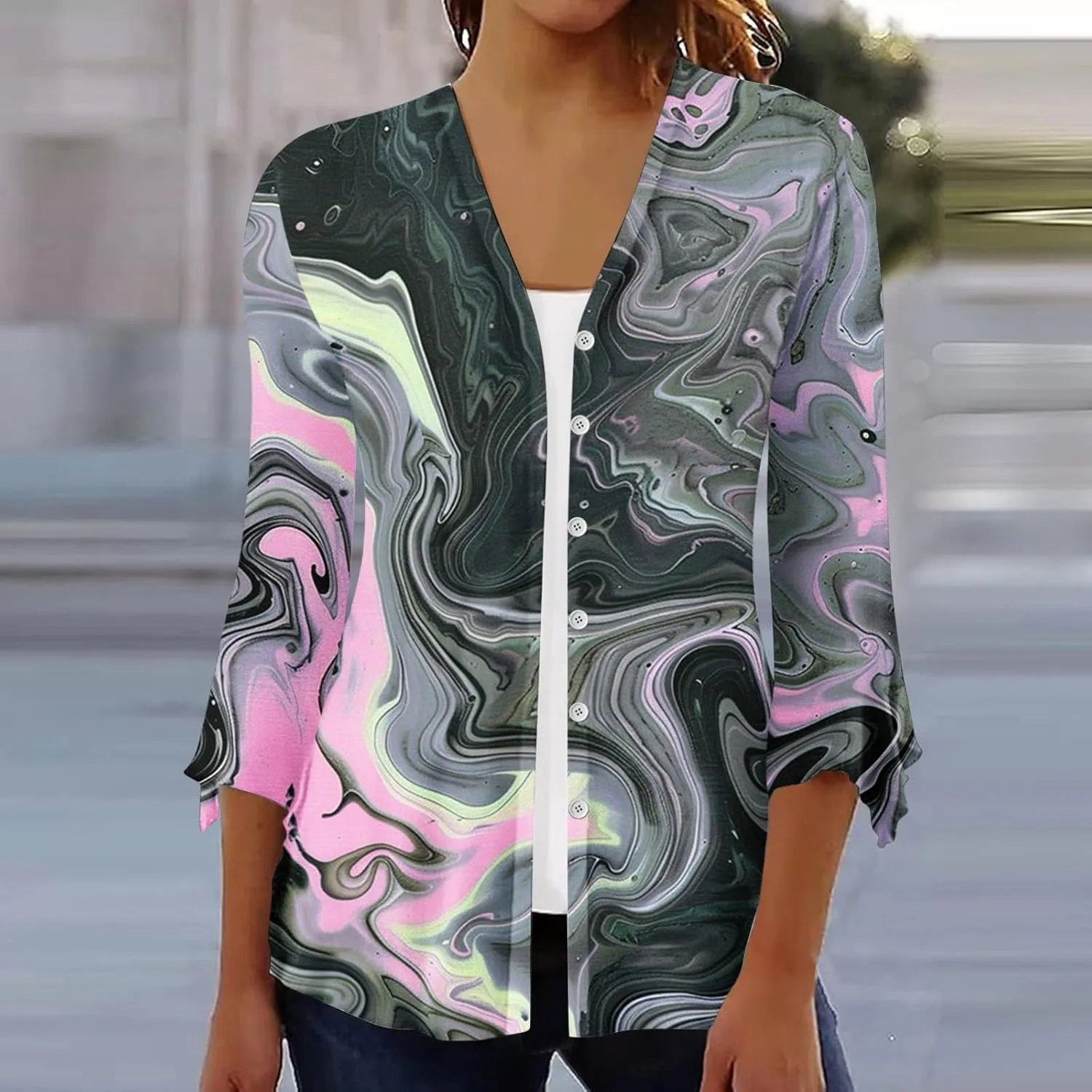 Kimonos for Women Lightweight Loose Beach Cover Ups 3/4 Puff Sleeve Boho Floral Print Shirt Resort Wear Summer Tops