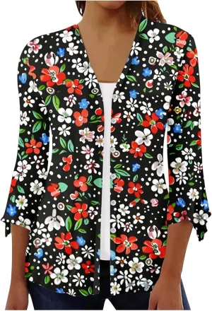 Kimonos for Women Lightweight Loose Beach Cover Ups 3/4 Puff Sleeve Boho Floral Print Shirt Resort Wear Summer Tops
