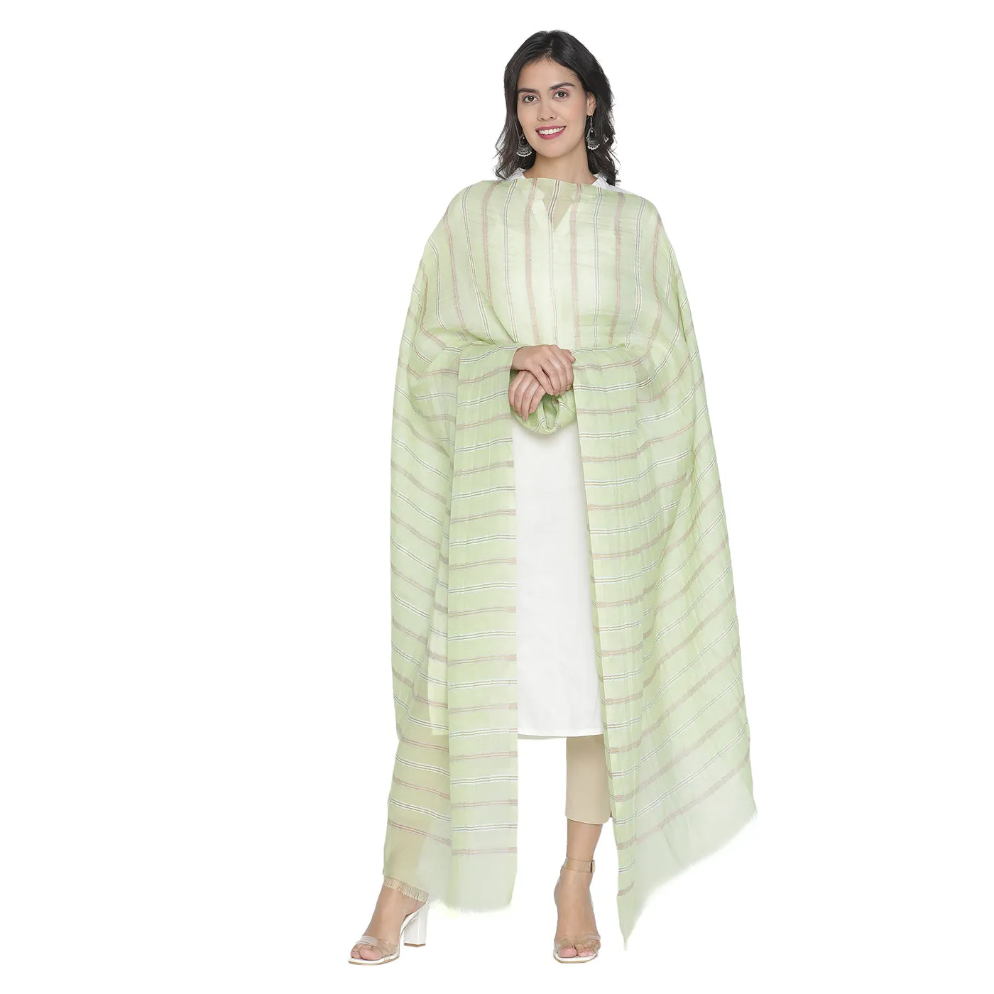Light Grey Silk Tencel Striped Dupatta