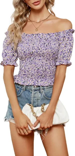 LYANER Women's Off Shoulder Shirred Short Sleeve Crop Blouse Tee Top