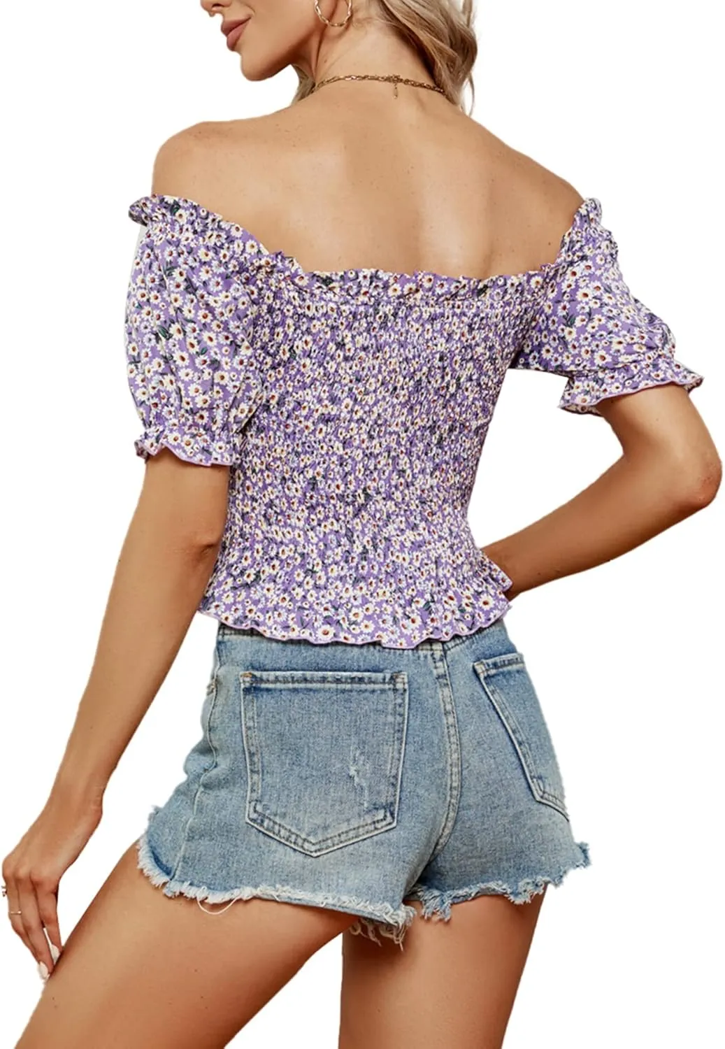 LYANER Women's Off Shoulder Shirred Short Sleeve Crop Blouse Tee Top