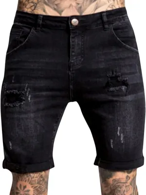 Mens Casual Denim Shorts Elastic Waist Drawstring Wide Leg Loose Fit Blue Color Rolled Hem Washed Summer Shorts