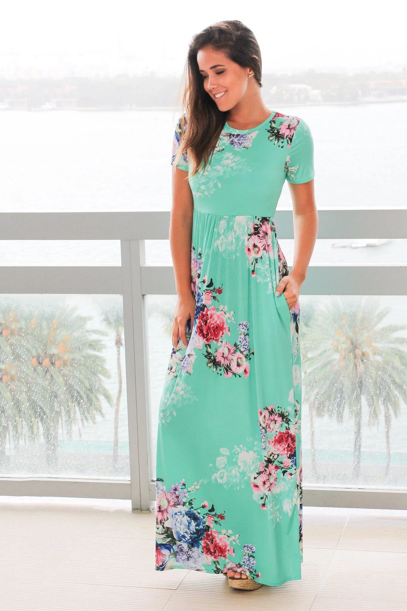 Mint and Pink Floral Maxi Dress with Short Sleeves