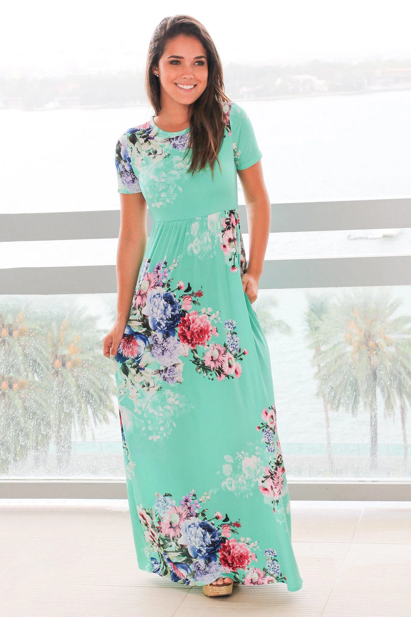Mint and Pink Floral Maxi Dress with Short Sleeves