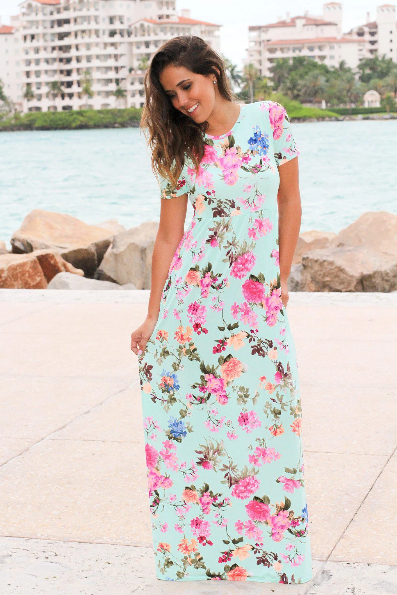 Mint Floral Maxi Dress with Short Sleeves