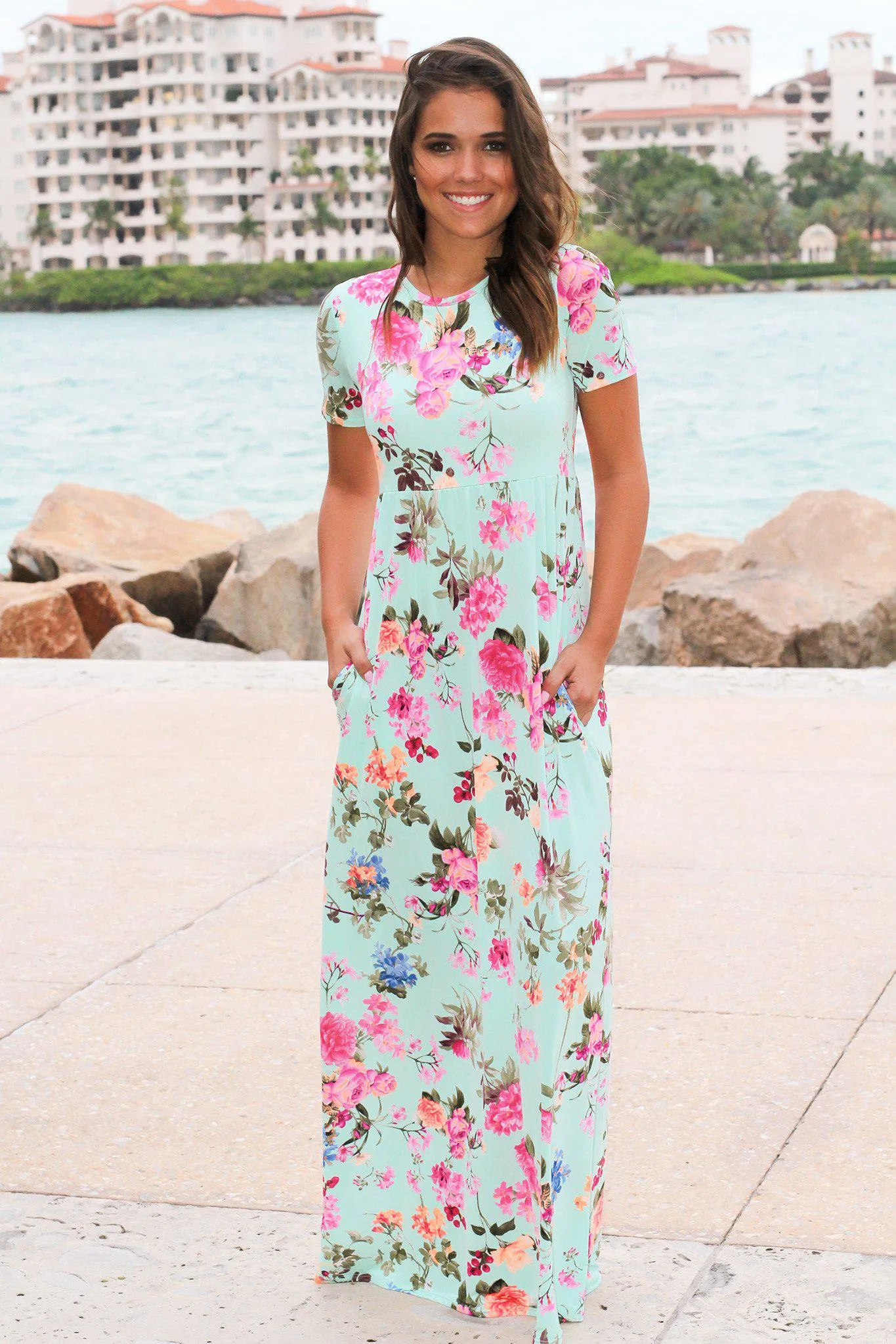 Mint Floral Maxi Dress with Short Sleeves