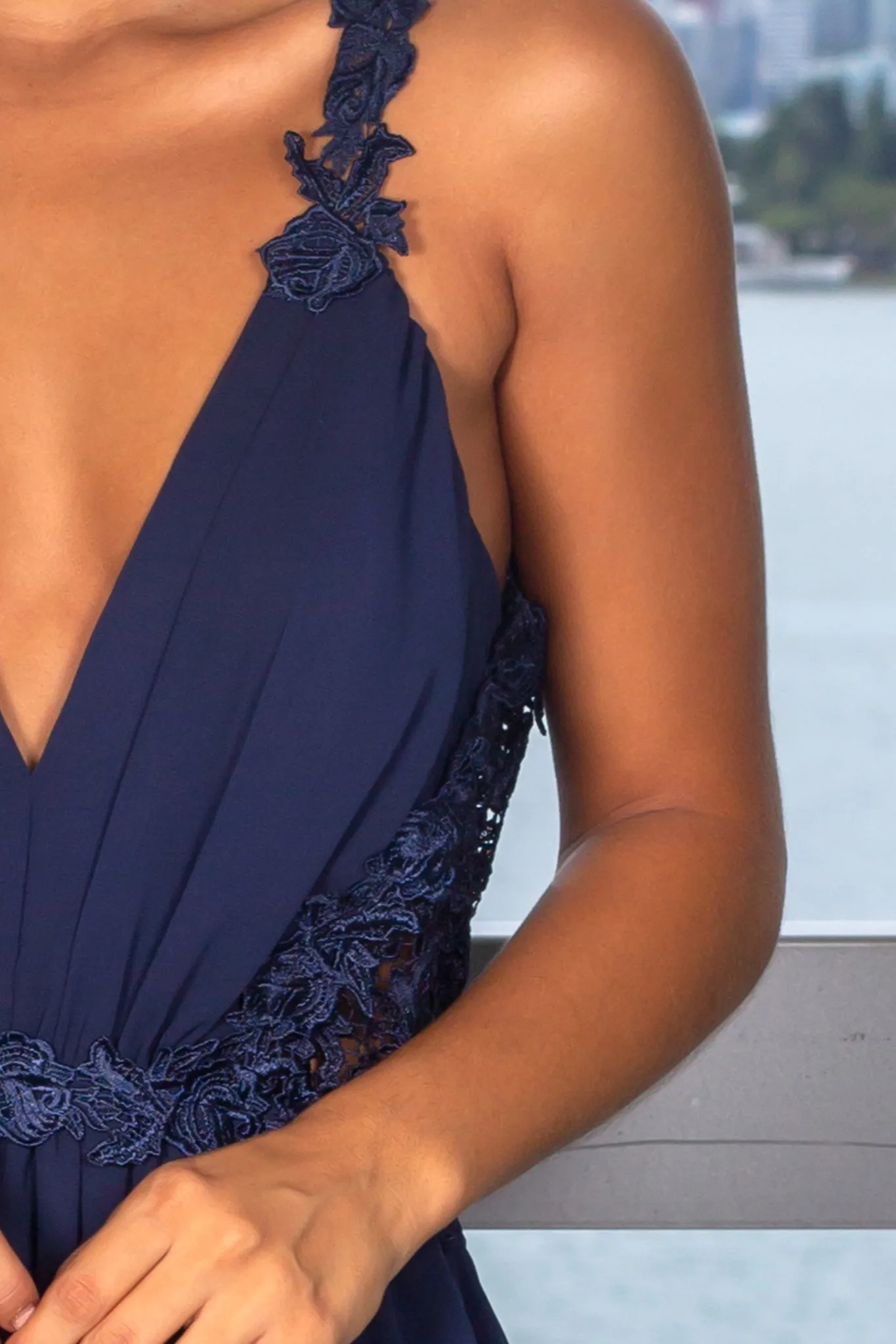 Navy High Low Dress with Crochet Cut Outs