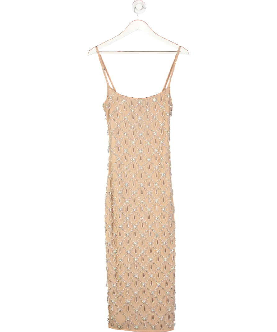 oceanus Nude Calliope Crystal Beaded Maxi Dress UK S