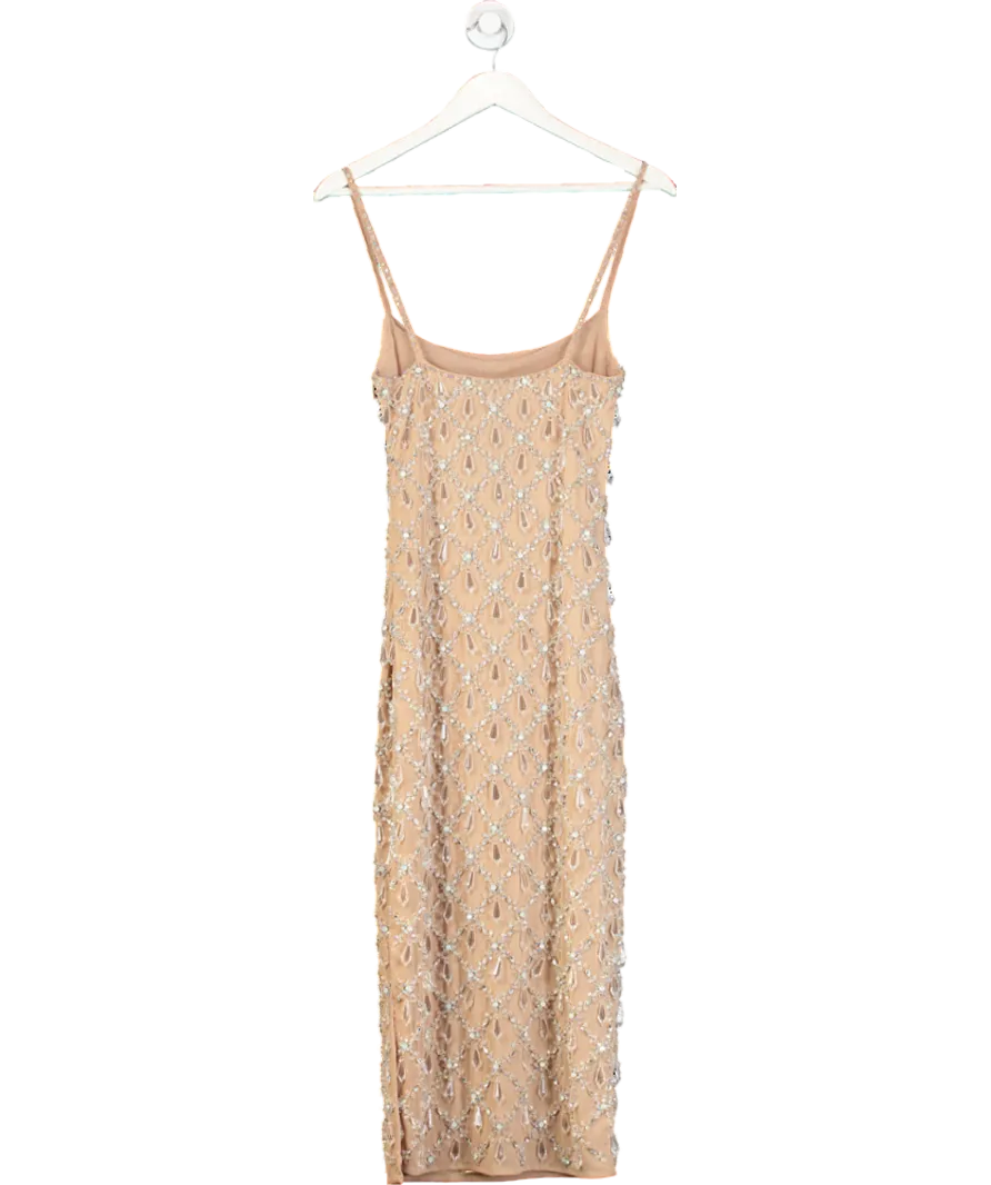 oceanus Nude Calliope Crystal Beaded Maxi Dress UK S