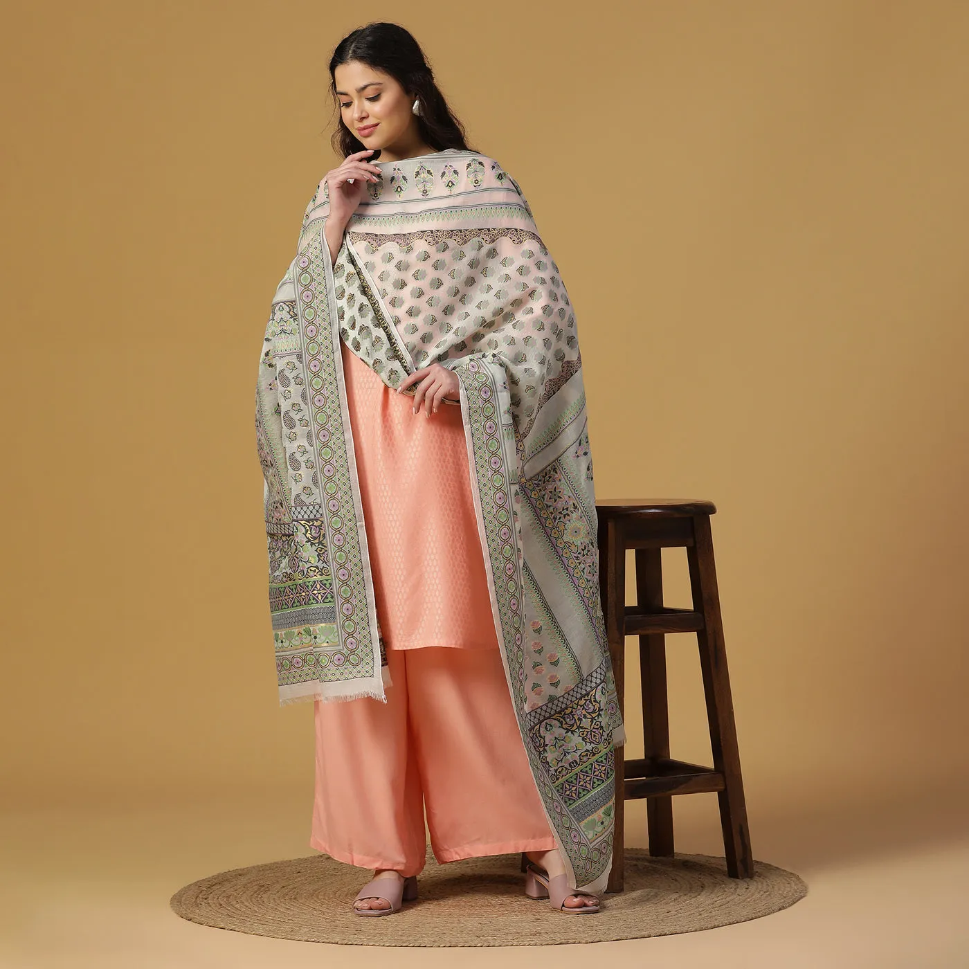 Off White Jacquard Silk/Zari Blend Dupatta