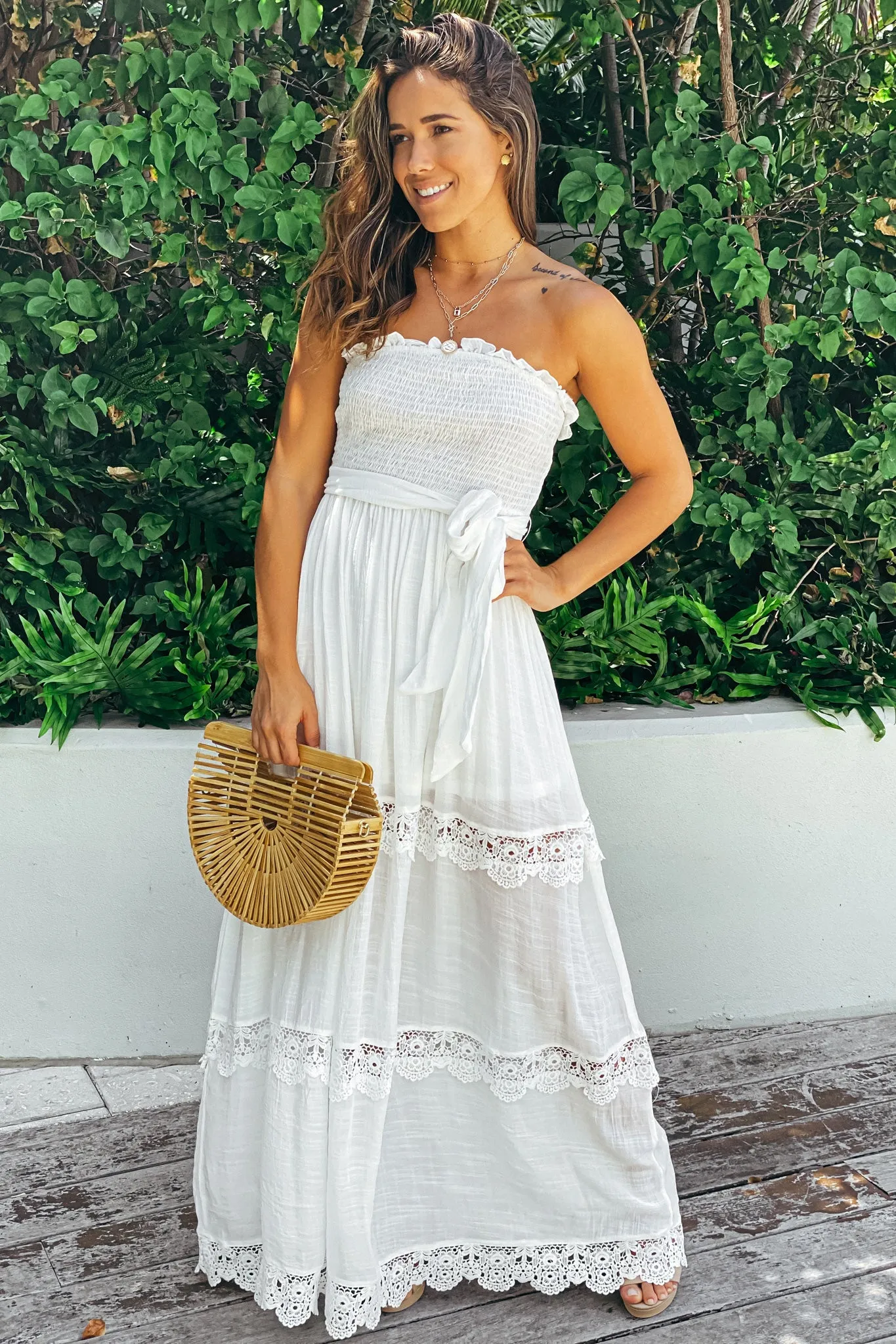 Off White Strapless Maxi Dress With Crochet Details