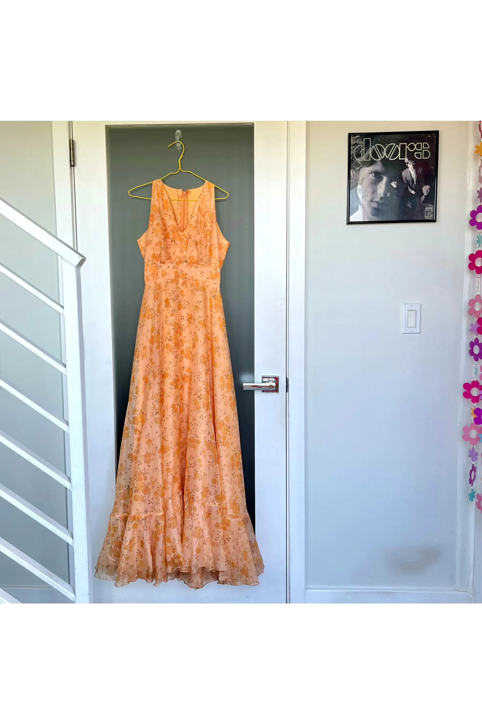 On hold* Vintage 70’s Flowy Floral Dress w/Sheer Capelet