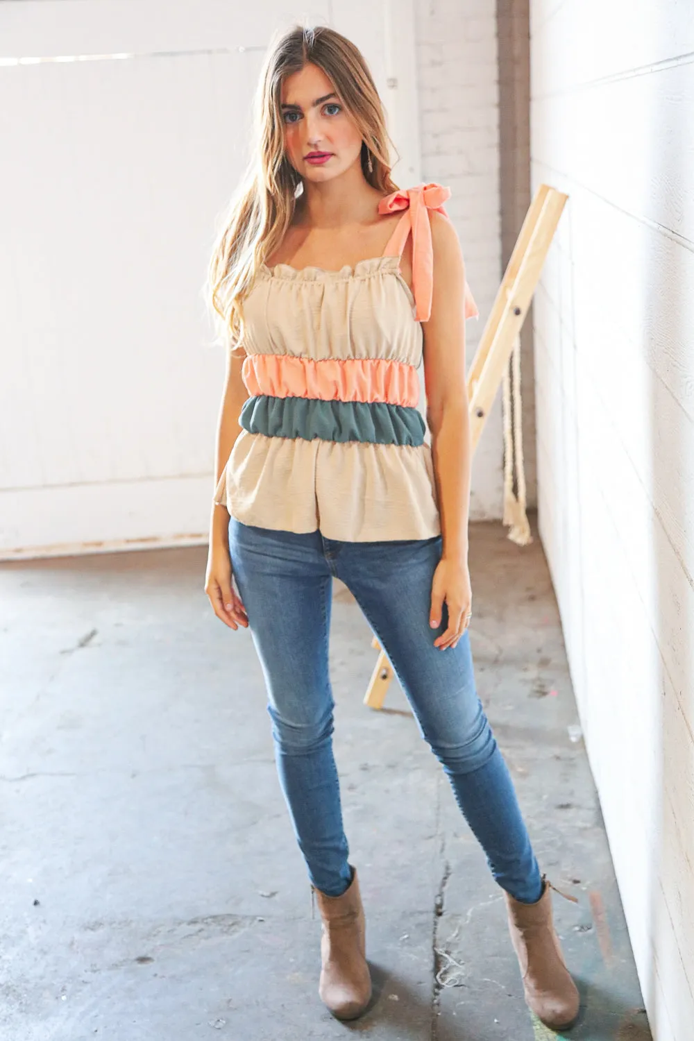 Peach Tie Knot Shoulder Detail Color Block Top