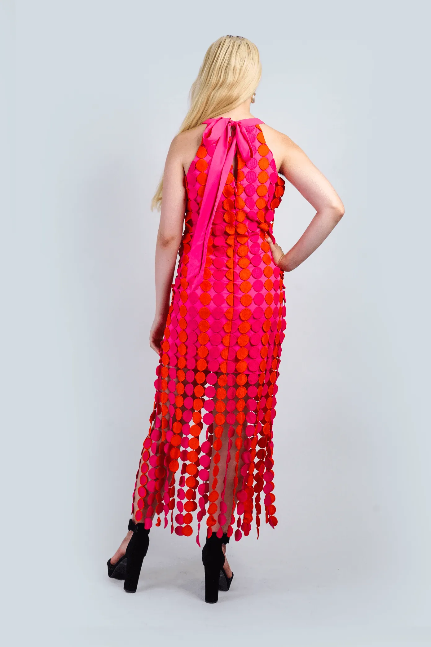 Pink Red Circle Appliqué Lace Dress